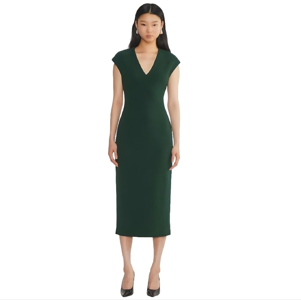 EUC BABATON Aritzia 'Press' V-neckline Forest Green Midi Dress SZ 2XS